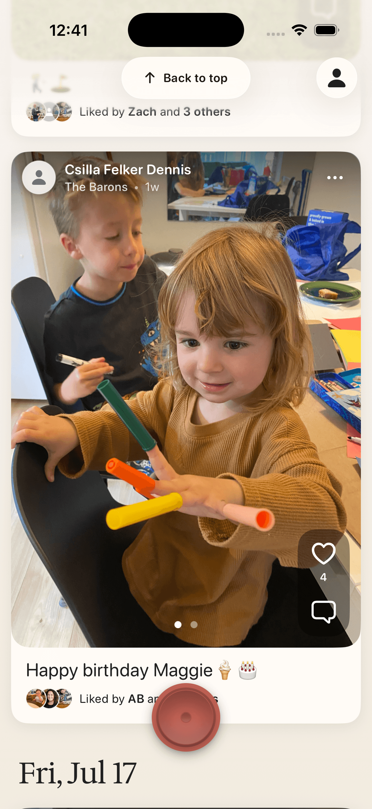 A family post inside the JustFam daily feed